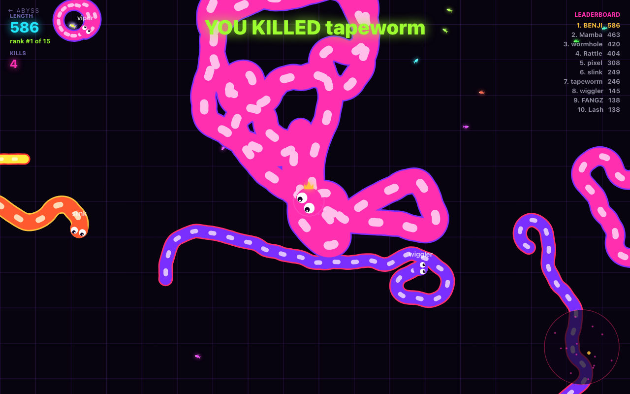 Serpent — neon serpents crossing a dark grid arena, a live leaderboard down the side