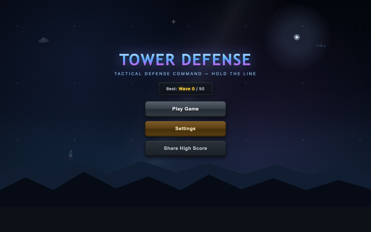 Tower Defense — a night battlefield with the command menu