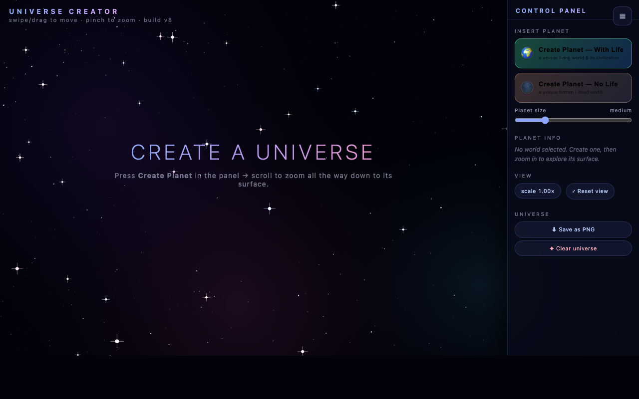 Create a Universe — a starfield with the planet control panel
